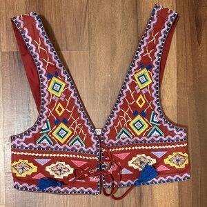 Embroidered Red V-Neck Crop Top